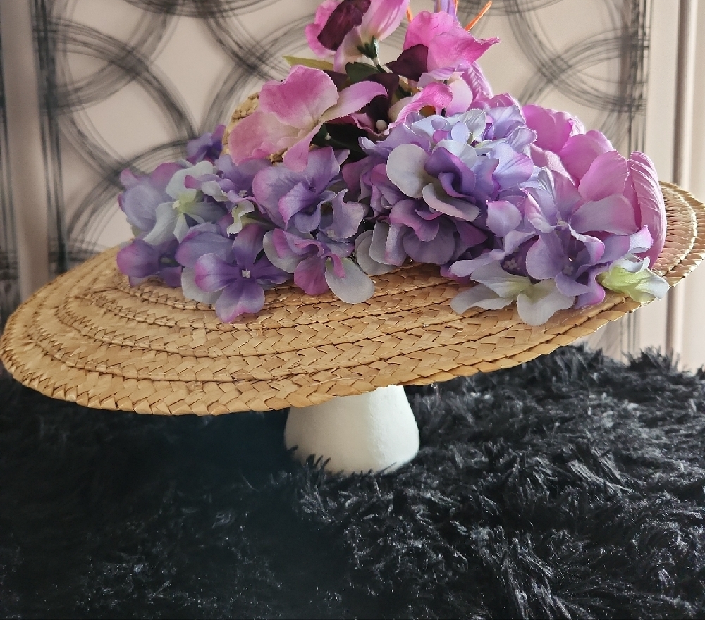 Floral Straw Hat with Purple Accents
